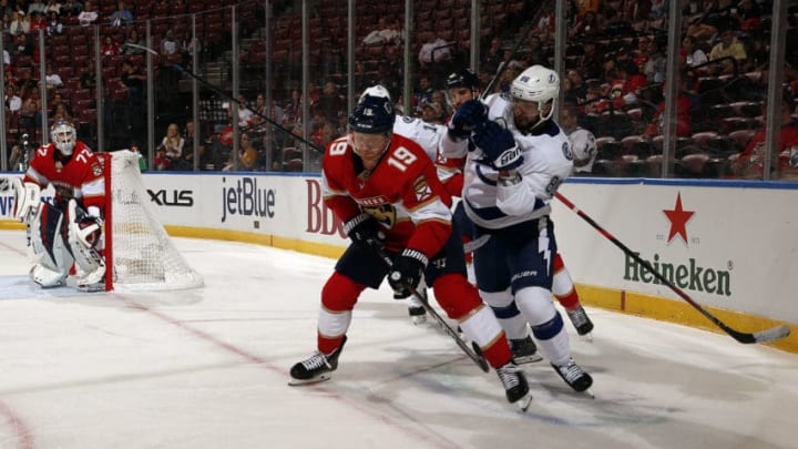 SUNRISE, FL - SEPT. 26: Michael Matheson #19 of the Florida Panthers tangles with Nikita Kucherov #86 of the Tampa Bay Lightningat the BB&T Center on September 26, 2019 in Sunrise, Florida. (Photo by Eliot J. Schechter/NHLI via Getty Images)