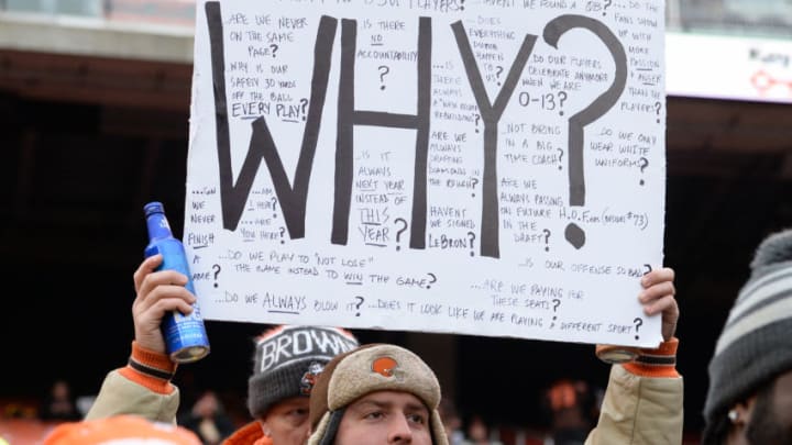 CLEVELAND, OH - DECEMBER 17, 2017: A fan of the Cleveland Browns holds up a sign prior to a game on December 17, 2017 against the Baltimore Ravens at FirstEnergy Stadium in Cleveland, Ohio. Baltimore won 27-10. (Photo by: 2017 Nick Cammett/Diamond Images/Getty Images)
