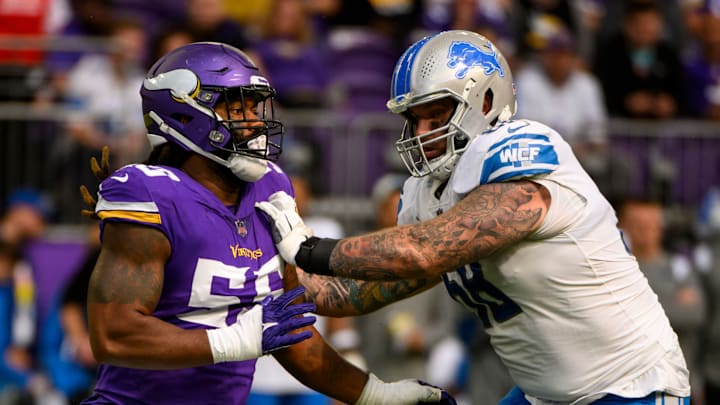 MINNEAPOLIS, MN – SEPTEMBER 25: Taylor Decker #68 of the Detroit Lions blocks Za’Darius Smith #55 of the Minnesota Vikings on a play in the third quarter of the game at U.S. Bank Stadium on September 25, 2022 in Minneapolis, Minnesota. (Photo by Stephen Maturen/Getty Images)