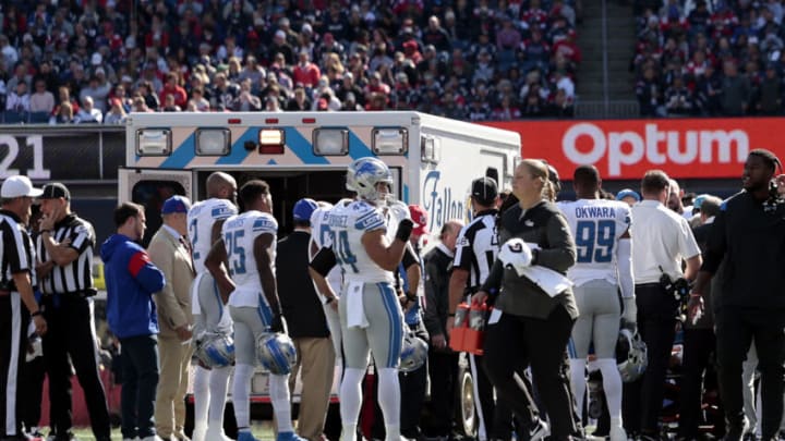 FOXBOROUGH, MASSACHUSETTS - OCTOBER 09: Saivion Smith #29 of the Detroit Lions is taken away in an ambulance after suffering an injury during the first quarter the New England Patriots at Gillette Stadium on October 09, 2022 in Foxborough, Massachusetts. (Photo by Nick Grace/Getty Images)