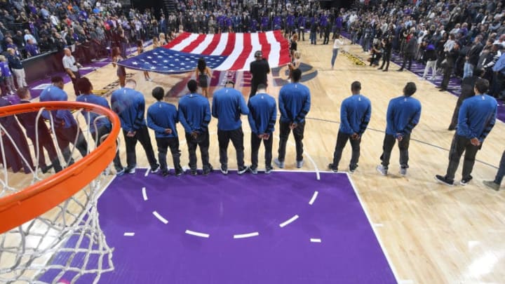 SACRAMENTO, CA - OCTOBER 29: The Minnesota Timberwolves line up for the National anthem of the game against the Sacramento Kings on October 29, 2016 at Golden 1 Center in Sacramento, California. NOTE TO USER: User expressly acknowledges and agrees that, by downloading and or using this photograph, User is consenting to the terms and conditions of the Getty Images Agreement. Mandatory Copyright Notice: Copyright 2016 NBAE (Photo by Rocky Widner/NBAE via Getty Images)