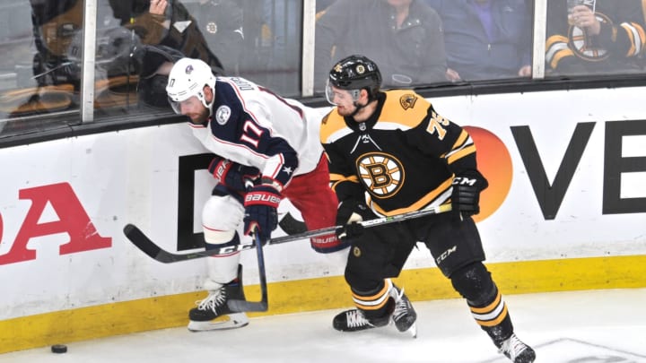 BOSTON, MA - MAY 04: Columbus Blue Jackets center Brandon Dubinsky (17) tries to get past Boston Bruins defenseman Connor Clifton (75) with the puck. During Game 5 in the Second round of the Stanley Cup playoffs featuring the Columbus Blue Jackets against the Boston Bruins on May 04, 2019 at TD Garden in Boston, MA. (Photo by Michael Tureski/Icon Sportswire via Getty Images)