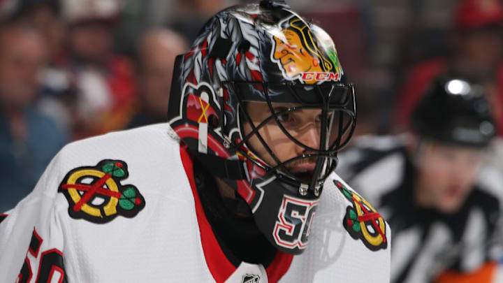 SUNRISE, FL - NOVEMBER 25: A detailed vies of the helmet of Goaltender Corey Crawford