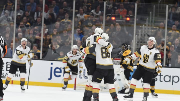 BOSTON, MA - JANUARY 21: The Vegas Golden Knights celebrate their second period goal against the Boston Bruins the TD Garden on January 21, 2020 in Boston, Massachusetts. (Photo by Steve Babineau/NHLI via Getty Images)