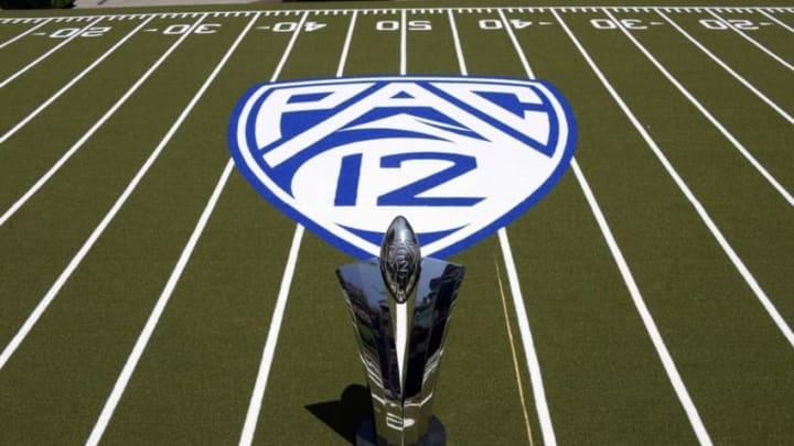 Jul 15, 2016; Hollywood, CA, USA; General view of the Pac-12 Championship game trophy during Pac-12 media day at Hollywood & Highland. Mandatory Credit: Kirby Lee-USA TODAY Sports