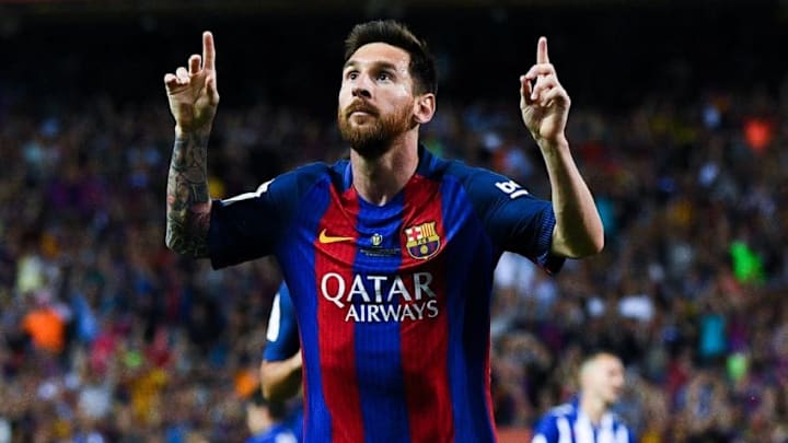 MADRID, SPAIN - MAY 27: Lionel Messi of FC Barcelona celebrates after scoring his team's first goal during the Copa Del Rey Final between FC Barcelona and Deportivo Alaves at Vicente Calderon stadium on May 27, 2017 in Madrid, Spain. (Photo by David Ramos/Getty Images)