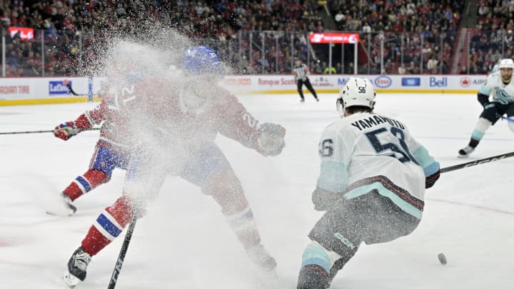 Dec 4, 2023; Montreal, Quebec, CAN; Montreal Canadiens defenseman Kaiden Guhle. Mandatory Credit: Eric Bolte-USA TODAY Sports