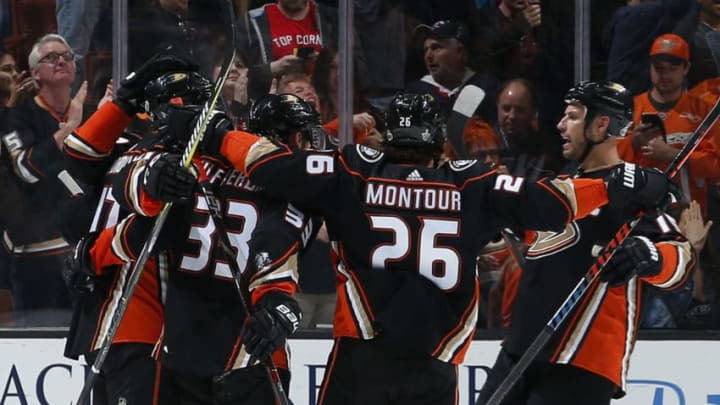 ANAHEIM, CA - APRIL 14: Brandon Montour #26, Jakob Silfverberg #33, and Ryan Getzlaf #15 of the Anaheim Ducks celebrate a second period goal in Game Two of the Western Conference First Round against the San Jose Sharks during the 2018 NHL Stanley Cup Playoffs at Honda Center on April 14, 2018 in Anaheim, California. (Photo by Debora Robinson/NHLI via Getty Images)