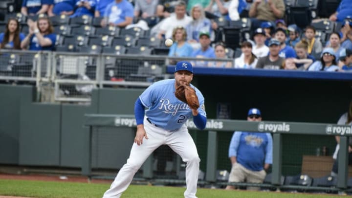 KANSAS CITY, MO - APRIL 29: Lucas Duda #21 of the Kansas City Royals catches a ball against the Chicago White Sox at Kauffman Stadium on April 29, 2018 in Kansas City, Missouri. (Photo by Ed Zurga/Getty Images) *** Local Caption *** Lucas Duda