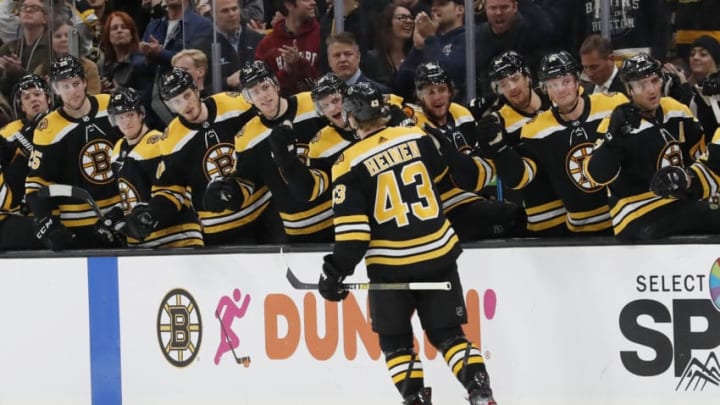 BOSTON, MA - NOVEMBER 02: Boston Bruins left wing Danton Heinan (43) skates by the bench after scoring during a game between the Boston Bruins and the Ottawa Senators on November 2, 2019, at TD Garden in Boston, Massachusetts. (Photo by Fred Kfoury III/Icon Sportswire via Getty Images)