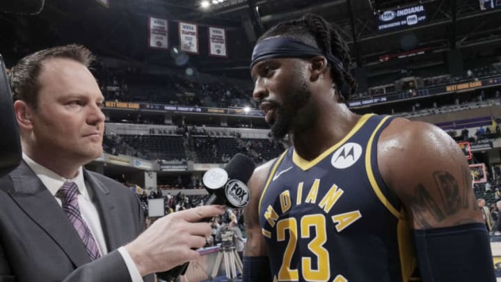 INDIANAPOLIS, IN - FEBRUARY 22: Wesley Matthews #23 of the Indiana Pacers speaks to the media following the game against the New Orleans Pelicans on February 22, 2019 at Bankers Life Fieldhouse in Indianapolis, Indiana. (Photo by Ron Hoskins/NBAE via Getty Images)