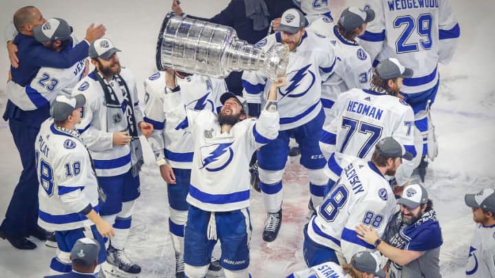 Sep 28, 2020; Edmonton, Alberta, CAN; Tampa Bay Lightning right wing Nikita Kucherov (86) hoists the Stanley Cup after defeating the Dallas Stars in game six of the 2020 Stanley Cup Final at Rogers Place. Mandatory Credit: Perry Nelson-USA TODAY Sports