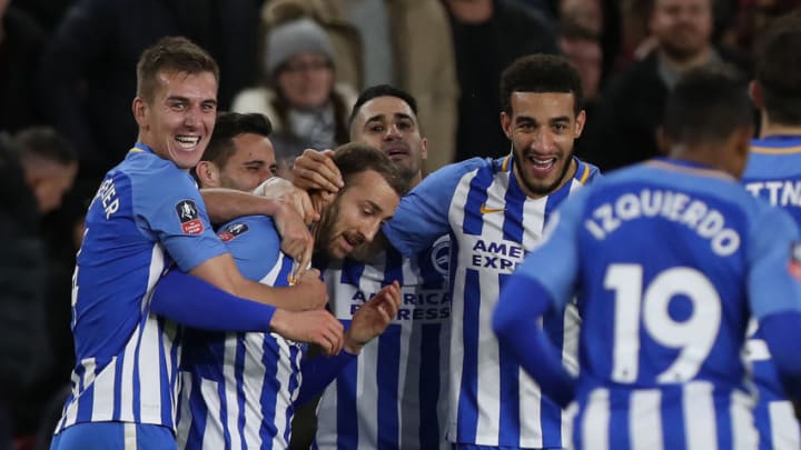 MIDDLESBROUGH, ENGLAND - JANUARY 27: Glenn Murray of Brighton and Hove Albion is congratulated by team mates after scoring the winning goal during the The Emirates FA Cup Fourth Round match between Middlesbrough v Brighton and Hove Albion at Riverside Stadium on January 27, 2018 in Middlesbrough, England. (Photo by Ian MacNicol/Getty Images)