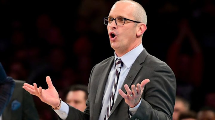 NEW YORK, NEW YORK - NOVEMBER 16: Head coach Dan Hurley of the Connecticut Huskies is ejected from the game against the Iowa Hawkeyes during the championship game of the 2K Empire Classic at Madison Square Garden on November 16, 2018 in New York City. (Photo by Sarah Stier/Getty Images)