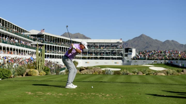 SCOTTSDALE, ARIZONA - FEBRUARY 02: Tom Hoge plays his shot from the 16th tee during the final round of the Waste Management Phoenix Open at TPC Scottsdale on February 02, 2020 in Scottsdale, Arizona. (Photo by Steven Ryan/Getty Images)