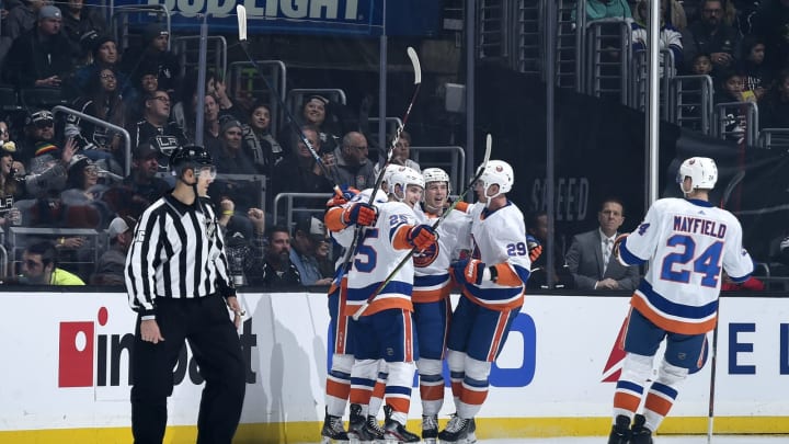 LOS ANGELES, CA – NOVEMBER 27: Derick Brassard #10 of the New York Islanders celebrates his goal with teammates during the first period against the Los Angeles Kings at STAPLES Center on November 27, 2019 in Los Angeles, California. (Photo by Juan Ocampo/NHLI via Getty Images)