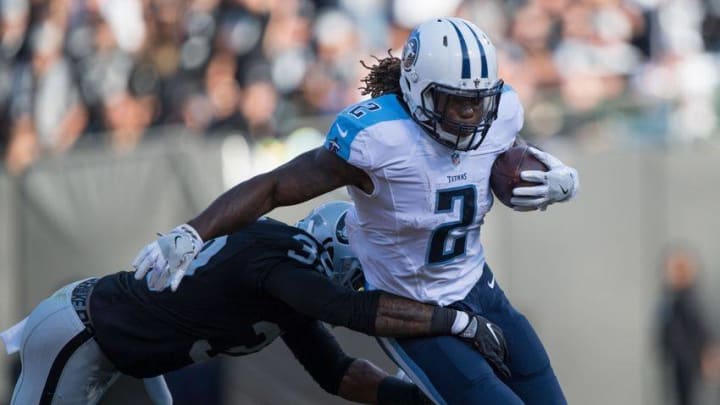 August 27, 2016; Oakland, CA, USA; Tennessee Titans running back Derrick Henry (2) runs with the football during the second quarter against the Oakland Raiders at Oakland Coliseum. The Titans defeated the Raiders 27-14. Mandatory Credit: Kyle Terada-USA TODAY Sports