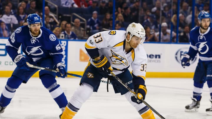 TAMPA, FL – JANUARY 5: Colin Wilson #33 of the Nashville Predators skates during the second period of the game against the Tampa Bay Lightning at Amalie Arena on January 5, 2017 in Tampa, Florida. (Photo by Scott Audette/NHLI via Getty Images)