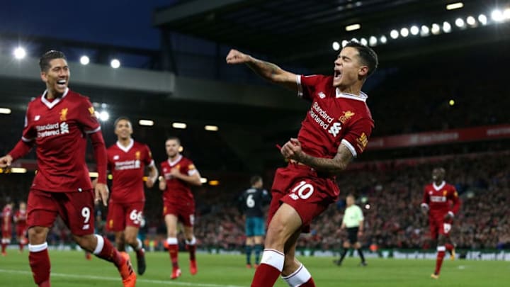 LIVERPOOL, ENGLAND - NOVEMBER 18: Philippe Coutinho of Liverpool celebrates scoring his side's third goal during the Premier League match between Liverpool and Southampton at Anfield on November 18, 2017 in Liverpool, England. (Photo by Jan Kruger/Getty Images)