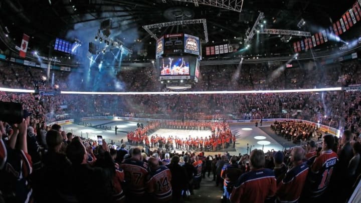 Apr 6, 2016; Edmonton, Alberta, CAN; 180+ former Edmonton Oilers salute the fans one last time during the closing ceremonies at Rexall Place. Mandatory Credit: Perry Nelson-USA TODAY Sports