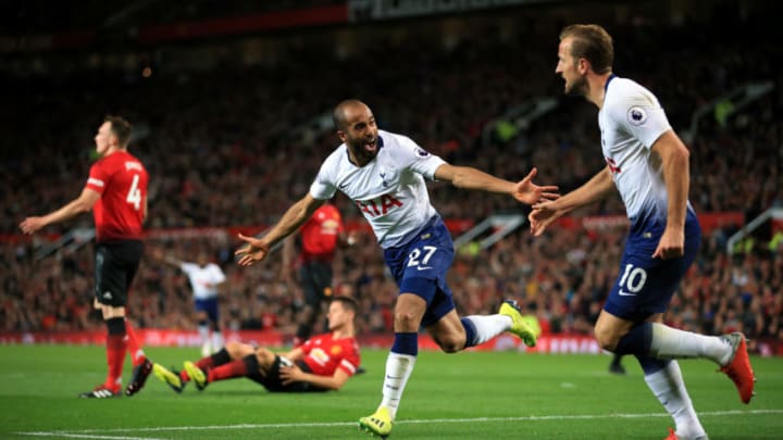 MANCHESTER, ENGLAND - AUGUST 27: Lucas Moura of Spurs celebrates after scoring their 2nd goal during the Premier League match between Manchester United and Tottenham Hotspur at Old Trafford on August 27, 2018 in Manchester, England. (Photo by Simon Stacpoole/Offside/Getty Images)