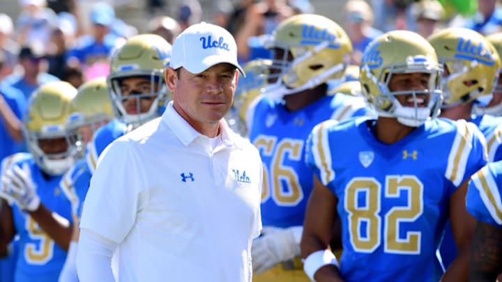 PASADENA, CA - OCTOBER 21: Head coach Jim Mora of the UCLA Bruins leads his team on to the field before the game against the Oregon Ducks at Rose Bowl on October 21, 2017 in Pasadena, California. (Photo by Harry How/Getty Images)