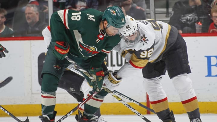 SAINT PAUL, MN – FEBRUARY 11: Jordan Greenway #18 of the Minnesota Wild battles with Tomas Nosek #92 of the Vegas Golden Knights during the game at the Xcel Energy Center on February 11, 2019 in Saint Paul, Minnesota. (Photo by Bruce Kluckhohn/NHLI via Getty Images)