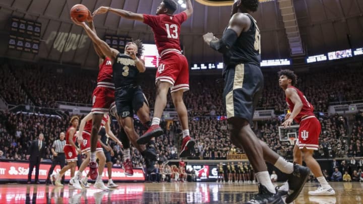 WEST LAFAYETTE, IN - JANUARY 19: Carsen Edwards #3 of the Purdue Boilermakers shoots the ball against Juwan Morgan #13 of the Indiana Hoosiers during the second half of the game at Mackey Arena on January 19, 2019 in West Lafayette, Indiana. (Photo by Michael Hickey/Getty Images)