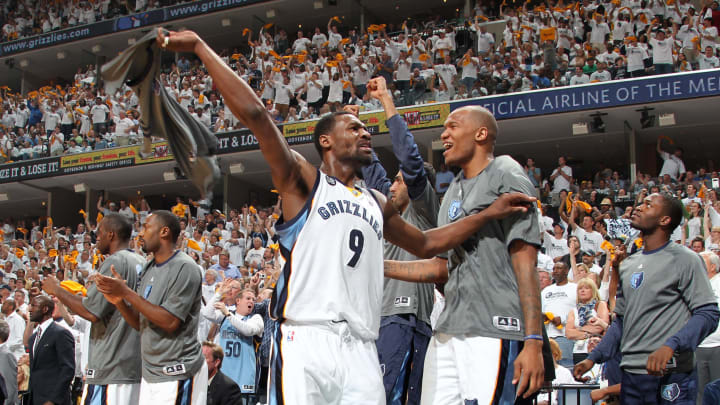MEMPHIS, TN – APRIL 29: Tony Allen #9 and Marreese Speights #5 of the Memphis Grizzlies react to the crowd against the Los Angeles Clippers in Game One of the Western Conference Quarterfinals during the 2012 NBA Playoffs on April 29, 2012 at FedExForum in Memphis, Tennessee.