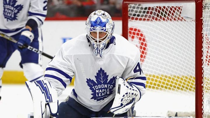 CHICAGO, IL - OCTOBER 07: Garret Sparks #40 of the Toronto Maple Leafs makes a save against the Chicago Blackhawks during the regular seasopn opening home game at the United Center on October 7, 2018 in Chicago, Illinois. (Photo by Jonathan Daniel/Getty Images)