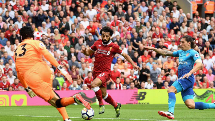 LIVERPOOL, ENGLAND - AUGUST 27: Petr Cech of Arsenal saves from Mohamed Salah of Liverpool during the Premier League match between Liverpool and Arsenal at Anfield on August 27, 2017 in Liverpool, England. (Photo by Michael Regan/Getty Images)
