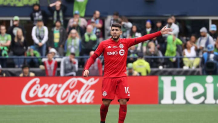 SEATTLE, WA – NOVEMBER 10: Alejandro Pozuelo #10 of Toronto FC calls for the ball during a game between Toronto FC and Seattle Sounders FC at CenturyLink Field on November 10, 2019 in Seattle, Washington. (Photo by Andy Mead/ISI Photos/Getty Images)