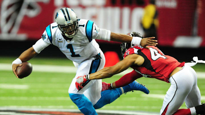 ATLANTA, GA - OCTOBER 2: Cam Newton #1 of the Carolina Panthers is pursued by Vic Beasley, Jr. #44 of the Atlanta Falcons at the Georgia Dome on October 2, 2016 in Atlanta, Georgia. (Photo by Scott Cunningham/Getty Images)