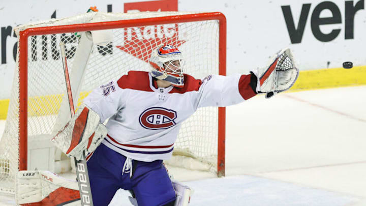 Jan 1, 2022; Sunrise, Florida, USA; Montreal Canadiens goaltender Sam Montembeault. Mandatory Credit: Sam Navarro-USA TODAY Sports Jan 1, 2022; Sunrise, Florida, USA; Montreal Canadiens goaltender Sam Montembeault. Mandatory Credit: Sam Navarro-USA TODAY Sports