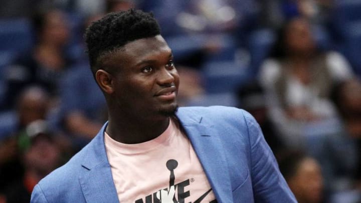 NEW ORLEANS, LOUISIANA - OCTOBER 28: Zion Williamson #1 of the New Orleans Pelicans looks on during the game against the Golden State Warriors at Smoothie King Center on October 28, 2019 in New Orleans, Louisiana. NOTE TO USER: User expressly acknowledges and agrees that, by downloading and/or using this photograph, user is consenting to the terms and conditions of the Getty Images License Agreement (Photo by Chris Graythen/Getty Images)