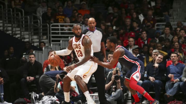 WASHINGTON, DC -  DECEMBER 17: LeBron James #23 of the Cleveland Cavaliers handles the ball against the Washington Wizards on December 17, 2017 at Capital One Arena in Washington, DC. NOTE TO USER: User expressly acknowledges and agrees that, by downloading and or using this Photograph, user is consenting to the terms and conditions of the Getty Images License Agreement. Mandatory Copyright Notice: Copyright 2017 NBAE (Photo by Ned Dishman/NBAE via Getty Images)