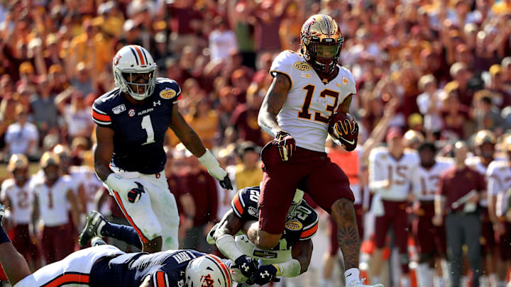 TAMPA, FLORIDA – JANUARY 01: Rashod Bateman #13 of the Minnesota Golden Gophers runs after a catch during the 2020 Outback Bowl against the Auburn Tigers at Raymond James Stadium on January 01, 2020 in Tampa, Florida. (Photo by Mike Ehrmann/Getty Images)