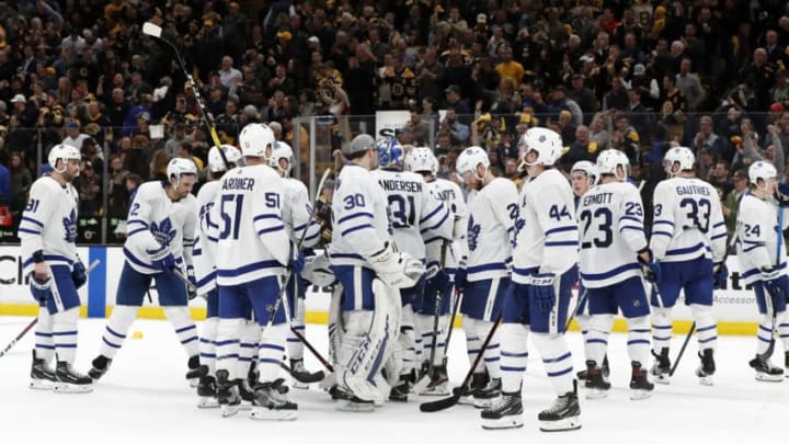 BOSTON, MA - APRIL 23: Toronto surrounds Toronto Maple Leafs goalie Frederik Andersen (31) after Game 7 of the 2019 First Round Stanley Cup Playoffs between the Boston Bruins and the Toronto Maple Leafs on April 23, 2019, at TD Garden in Boston, Massachusetts. (Photo by Fred Kfoury III/Icon Sportswire via Getty Images)