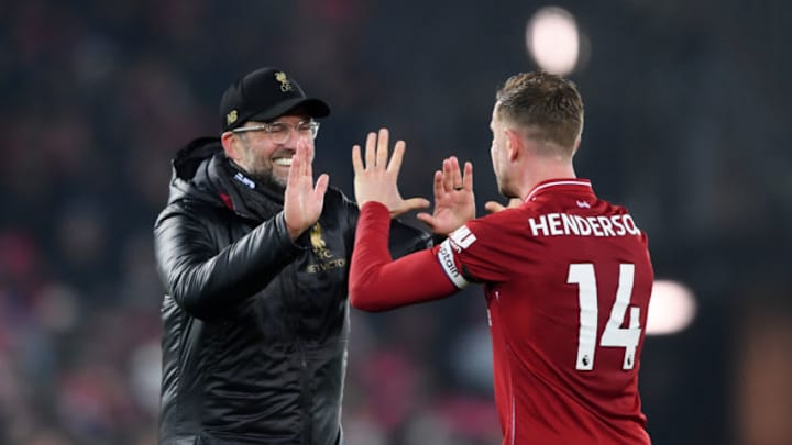 LIVERPOOL, ENGLAND - JANUARY 19: Jurgen Klopp, Manager of Liverpool congratulates Jordan Henderson of Liverpool following the Premier League match between Liverpool FC and Crystal Palace at Anfield on January 19, 2019 in Liverpool, United Kingdom. (Photo by Laurence Griffiths/Getty Images)