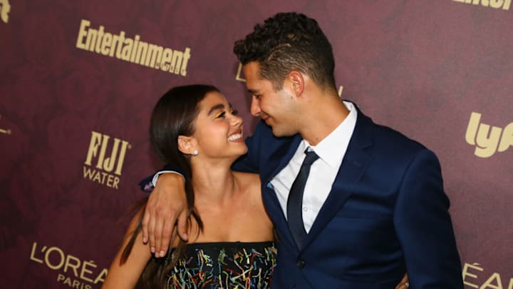 WEST HOLLYWOOD, CA - SEPTEMBER 15: Sarah Hyland (L) and Wells Adams arrive to the 2018 Entertainment Weekly Pre-Emmy Party at Sunset Tower Hotel on September 15, 2018 in West Hollywood, California. (Photo by Gabriel Olsen/Getty Images)