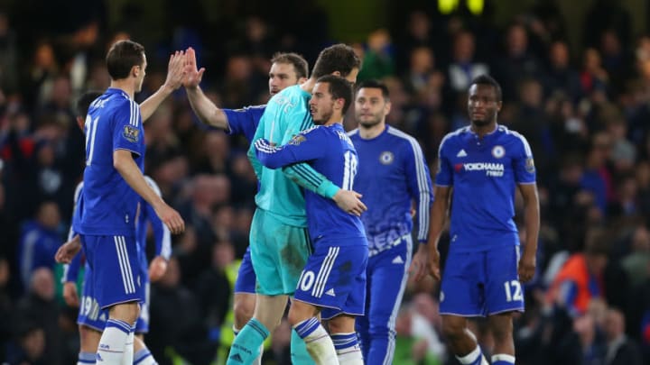 LONDON, ENGLAND - MAY 02 : Eden Hazard of Chelsea hugs Asmir Begovic of Chelsea as the team celebrate after the Barclays Premier League match between Chelsea and Tottenham Hotspur at Stamford Bridge on May 2, 2016 in London, England. (Photo by Catherine Ivill - AMA/Getty Images)