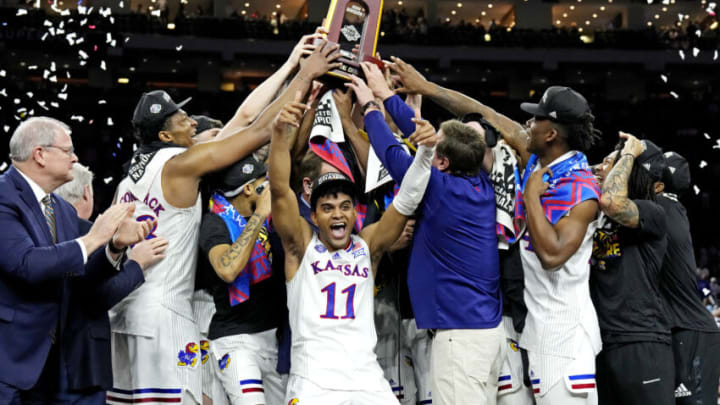 Apr 4, 2022; New Orleans, LA, USA; The Kansas Jayhawks celebrates after beating the North Carolina Tar Heels during the 2022 NCAA men's basketball tournament Final Four championship game at Caesars Superdome. Mandatory Credit: Robert Deutsch-USA TODAY Sports