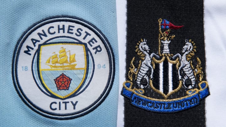 MANCHESTER, ENGLAND - APRIL 24: The Manchester City and Newcastle United club crests on first team home shirts on April 24, 2020 in Manchester, England (Photo by Visionhaus)