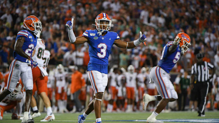 ORLANDO, FL - AUGUST 24: Marco Wilson #3 of the Florida Gators celebrates with teammates against the Miami Hurricanes in the Camping World Kickoff at Camping World Stadium on August 24, 2019 in Orlando, Florida.(Photo by Mark Brown/Getty Images)