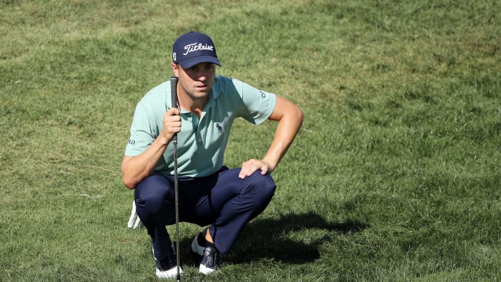 LAS VEGAS, NEVADA – OCTOBER 18: Justin Thomas of the United States lines up a shot during the final round of The CJ Cup @ Shadow Creek on October 18, 2020 in Las Vegas, Nevada. (Photo by Christian Petersen/Getty Images)