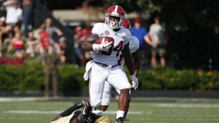 NASHVILLE, TN - SEPTEMBER 23: Damien Harris #34 of the "Alabama Crimson Tide runs the ball during a game against the Vanderbilt Commodores at Vanderbilt Stadium on September 23, 2017 in Nashville, Tennessee. Alabama won 59-0. (Photo by Joe Robbins/Getty Images)
