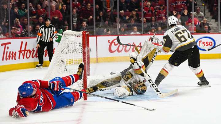 MONTREAL, QC – JANUARY 18: Las Vegas Golden Knights goalie Marc-Andre Fleury (29) makes an acrobatic save over Montreal Canadiens left wing Ilya Kovalchuk (17) during the Las Vegas Golden Knights versus the Montreal Canadiens game on January 18, 2020, at Bell Centre in Montreal, QC (Photo by David Kirouac/Icon Sportswire via Getty Images)