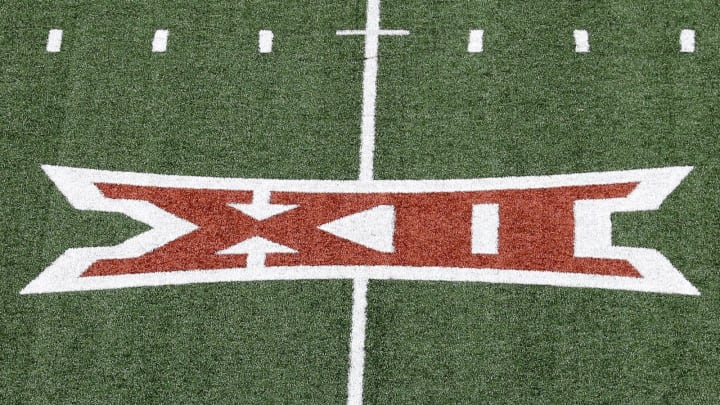 AUSTIN, TEXAS – APRIL 23: A Big 12 logo is seen on the turf during the Orange-White Spring Game at Darrell K Royal-Texas Memorial Stadium on April 23, 2022 in Austin, Texas. (Photo by Tim Warner/Getty Images)