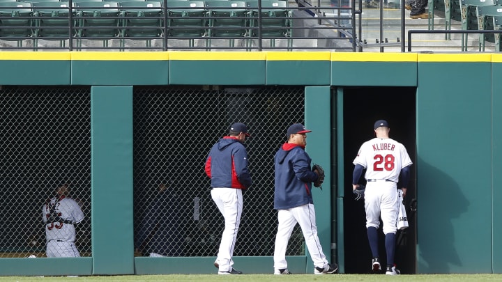 CLEVELAND, OH – APRIL 27: Corey Kluber #28 of the Cleveland Indians enters the bullpen after warming up on the field before the start of the game against the Kansas City Royals on April 27, 2015 at Progressive Field in Cleveland, Ohio. The Royals defeated the Indians 6-2. (Photo by David Maxwell/Getty Images)