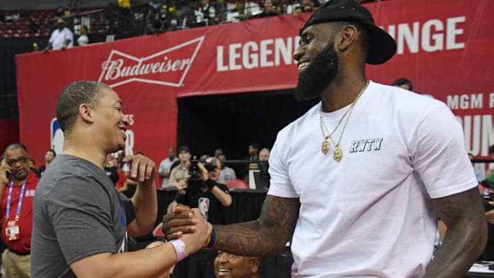 LAS VEGAS, NV - JULY 15: Head coach Tyronn Lue (L) of the Cleveland Cavaliers greets LeBron James of the Los Angeles Lakers after a quarterfinal game of the 2018 NBA Summer League between the Lakers and the Detroit Pistons at the Thomas & Mack Center on July 15, 2018 in Las Vegas, Nevada. NOTE TO USER: User expressly acknowledges and agrees that, by downloading and or using this photograph, User is consenting to the terms and conditions of the Getty Images License Agreement. (Photo by Ethan Miller/Getty Images) LAS VEGAS, NV - JULY 15: Head coach Tyronn Lue (L) of the Cleveland Cavaliers greets LeBron James of the Los Angeles Lakers after a quarterfinal game of the 2018 NBA Summer League between the Lakers and the Detroit Pistons at the Thomas & Mack Center on July 15, 2018 in Las Vegas, Nevada. NOTE TO USER: User expressly acknowledges and agrees that, by downloading and or using this photograph, User is consenting to the terms and conditions of the Getty Images License Agreement. (Photo by Ethan Miller/Getty Images)